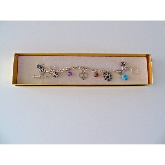 Bangle Bracelet 8 Charms Chain Link Toggle Clasp Silver Tone New In Gift Box - Picture 2 of 3